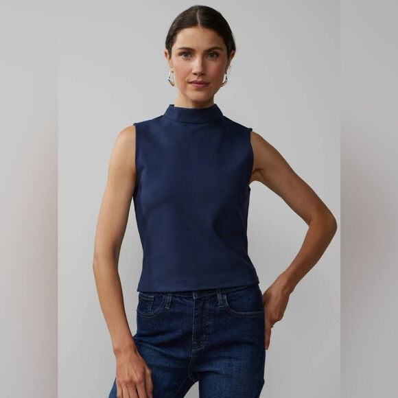 New York & Company Navy Sleeveless Mock Neck Ponte Top - Picture 1 of 10